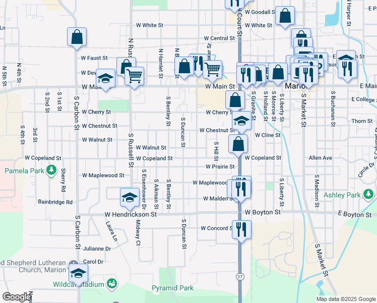 map of restaurants, bars, coffee shops, grocery stores, and more near 502 South Vicksburg Street in Marion