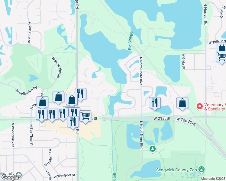 map of restaurants, bars, coffee shops, grocery stores, and more near 6701 West Garden Ridge Circle in Wichita