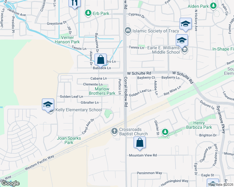 map of restaurants, bars, coffee shops, grocery stores, and more near 270 Portico Lane in Tracy