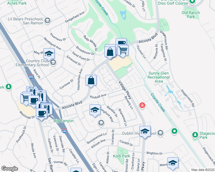 map of restaurants, bars, coffee shops, grocery stores, and more near 1 Lobelia Lane in San Ramon