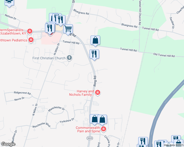 map of restaurants, bars, coffee shops, grocery stores, and more near 1313A Farmingdale Drive in Elizabethtown