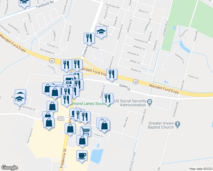 map of restaurants, bars, coffee shops, grocery stores, and more near 4511 Marlboro Drive in Owensboro