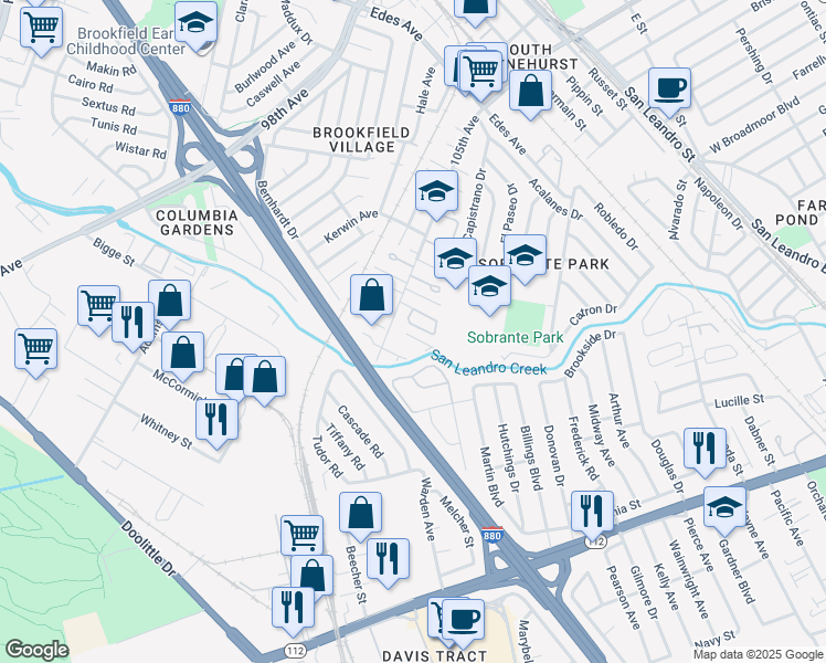 map of restaurants, bars, coffee shops, grocery stores, and more near 10580 Creekside Circle in Oakland