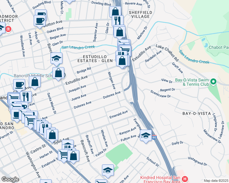 map of restaurants, bars, coffee shops, grocery stores, and more near 1599 Morgan Avenue in San Leandro