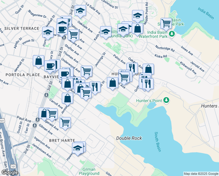 map of restaurants, bars, coffee shops, grocery stores, and more near 1235 Thomas Avenue in San Francisco