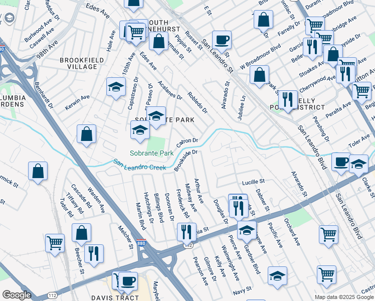 map of restaurants, bars, coffee shops, grocery stores, and more near 1368 Brookside Drive in San Leandro