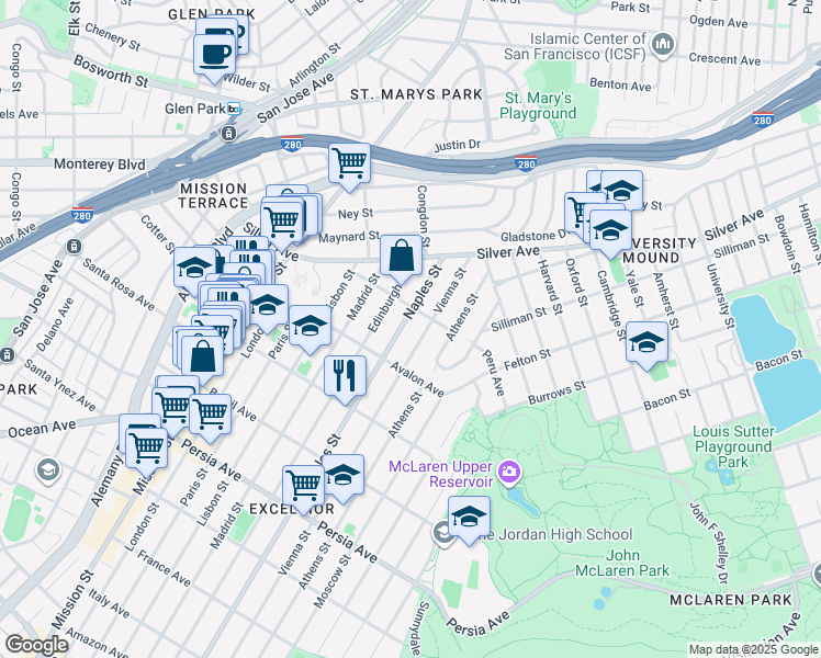 map of restaurants, bars, coffee shops, grocery stores, and more near 136 Naples Street in San Francisco