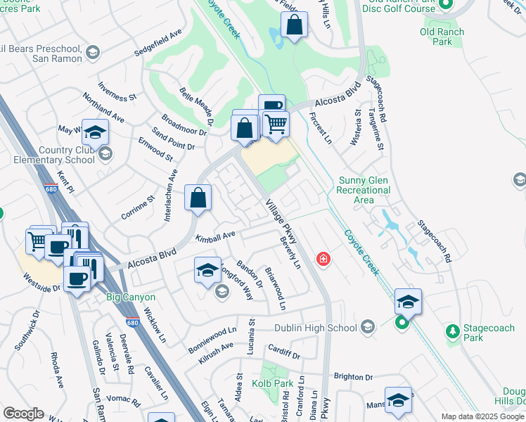 map of restaurants, bars, coffee shops, grocery stores, and more near 50 Elmwood Drive in San Ramon