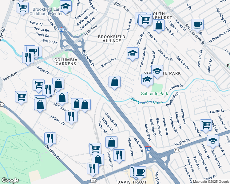 map of restaurants, bars, coffee shops, grocery stores, and more near 319 105th Avenue in Oakland