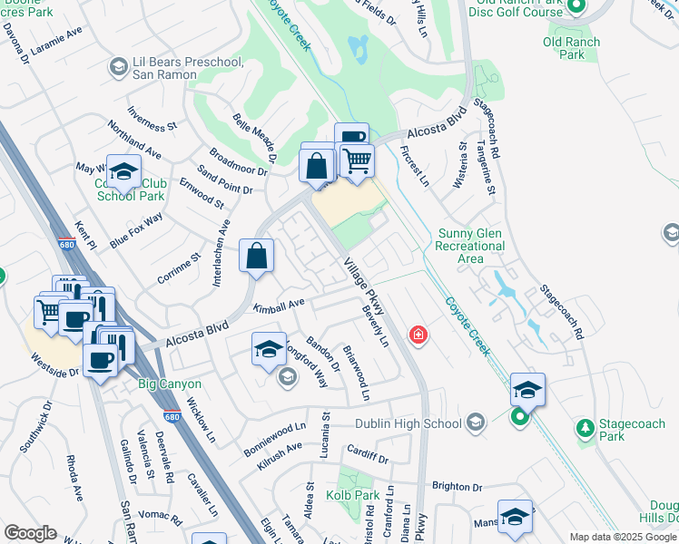 map of restaurants, bars, coffee shops, grocery stores, and more near 50 Elmwood Drive in San Ramon