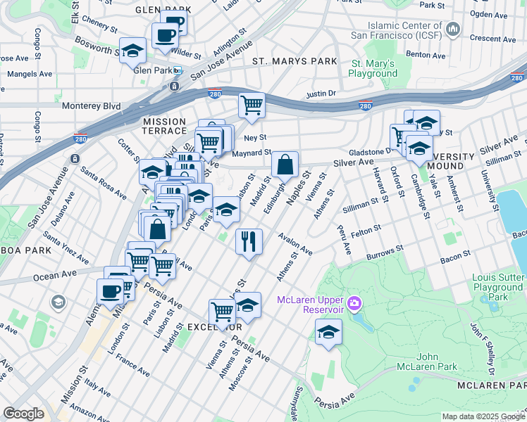 map of restaurants, bars, coffee shops, grocery stores, and more near 170 Edinburgh Street in San Francisco