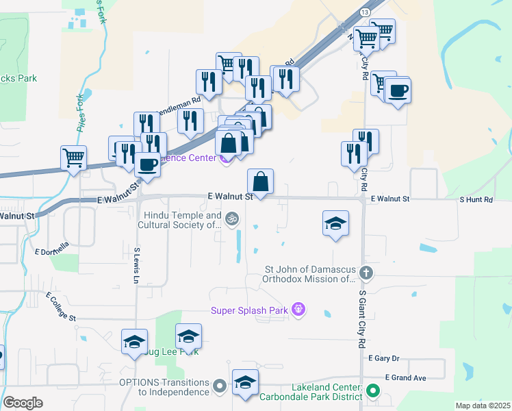 map of restaurants, bars, coffee shops, grocery stores, and more near 1237 East Walnut Street in Carbondale