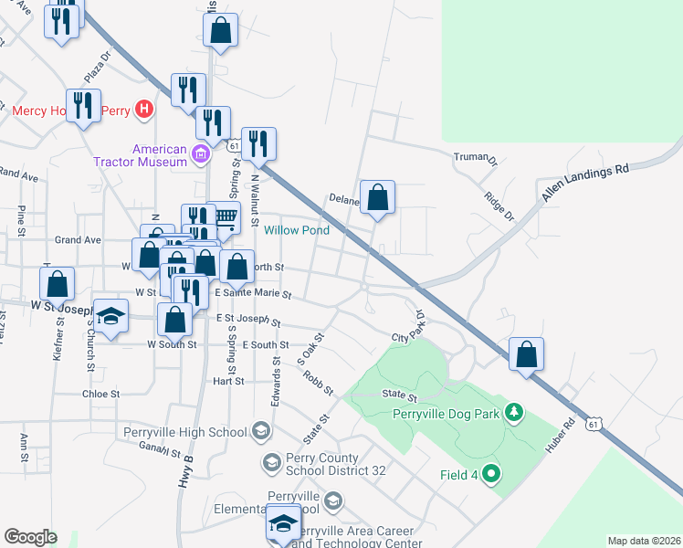 map of restaurants, bars, coffee shops, grocery stores, and more near 203 Smith Street in Perryville