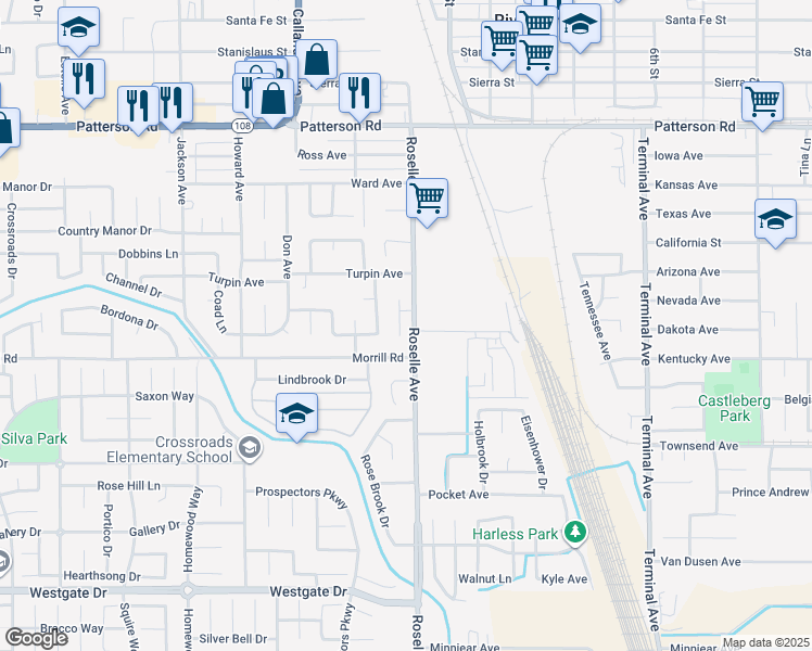 map of restaurants, bars, coffee shops, grocery stores, and more near 6024 Soares Place in Riverbank