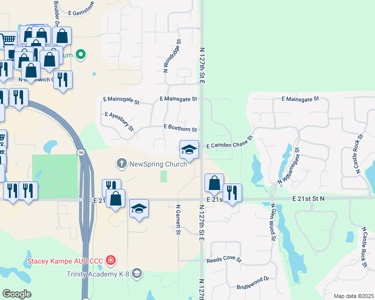 map of restaurants, bars, coffee shops, grocery stores, and more near 2417 127th Street Court in Wichita