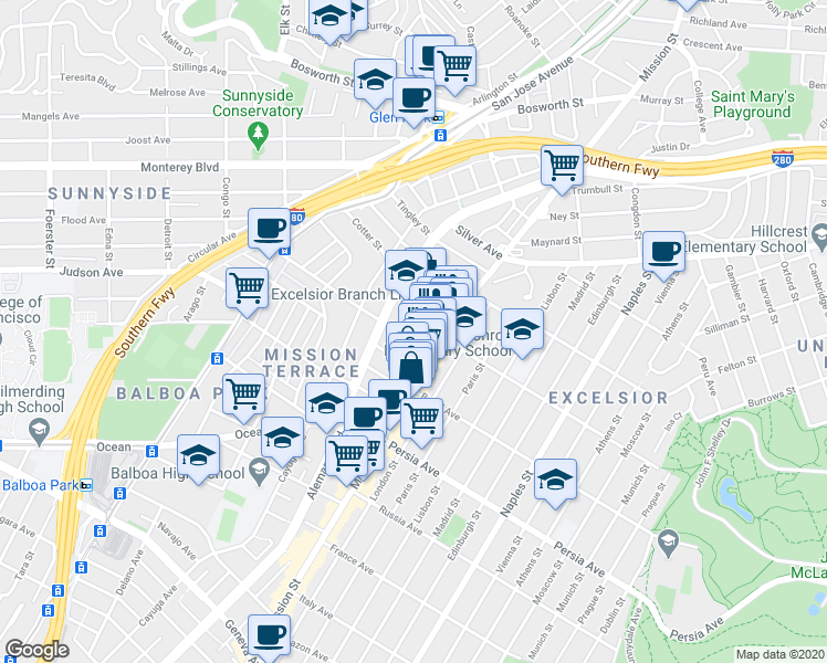 map of restaurants, bars, coffee shops, grocery stores, and more near 48 Santa Rosa Avenue in San Francisco