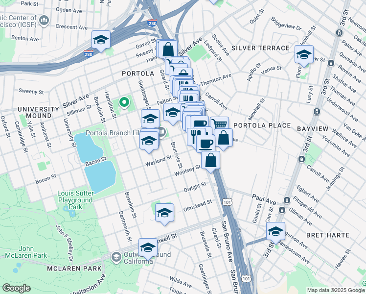 map of restaurants, bars, coffee shops, grocery stores, and more near 468 Girard Street in San Francisco