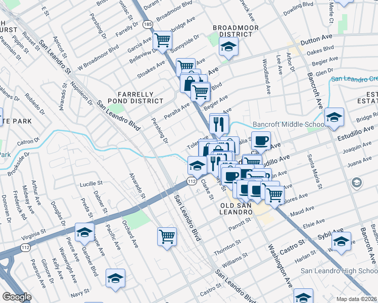 map of restaurants, bars, coffee shops, grocery stores, and more near 459 Arroyo Avenue in San Leandro