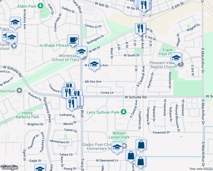 map of restaurants, bars, coffee shops, grocery stores, and more near 365 Cecelio Way in Tracy