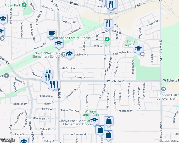 map of restaurants, bars, coffee shops, grocery stores, and more near 480 Gianelli Street in Tracy