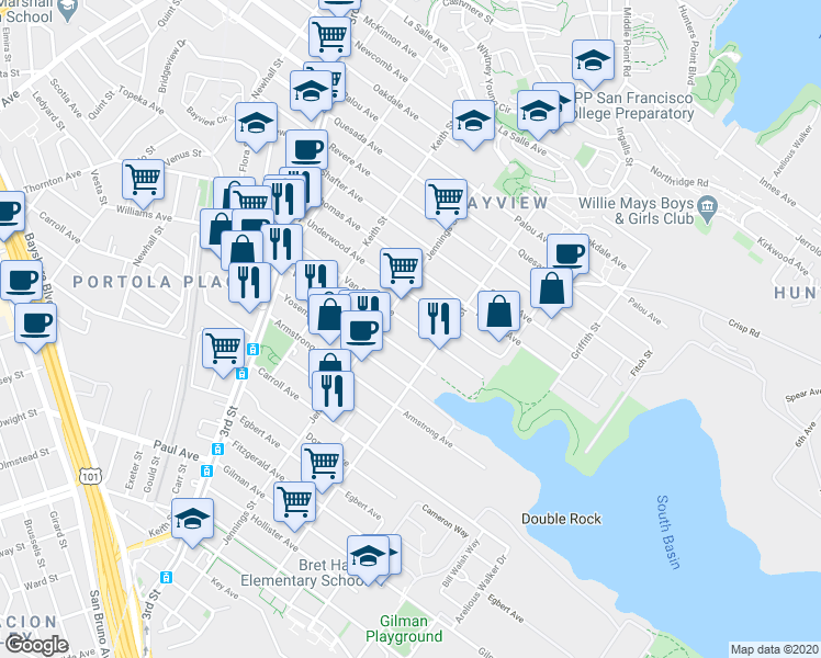 map of restaurants, bars, coffee shops, grocery stores, and more near 1355 Van Dyke Ave in San Francisco