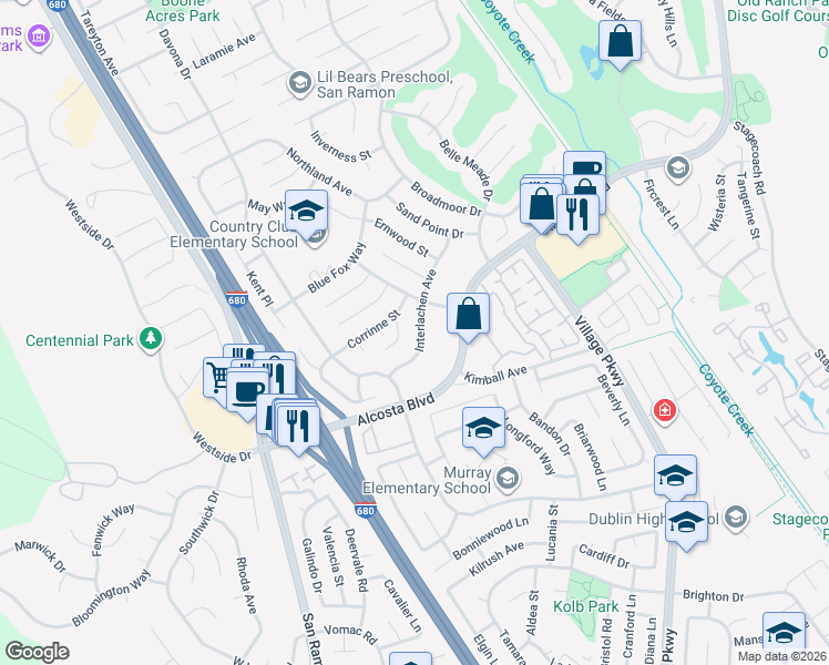 map of restaurants, bars, coffee shops, grocery stores, and more near 7532 Interlachen Avenue in San Ramon
