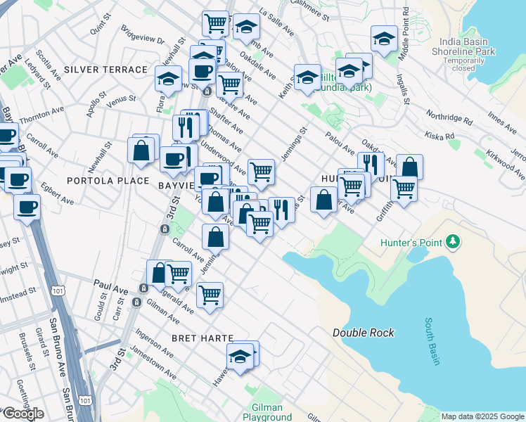 map of restaurants, bars, coffee shops, grocery stores, and more near 1355 Van Dyke Avenue in San Francisco