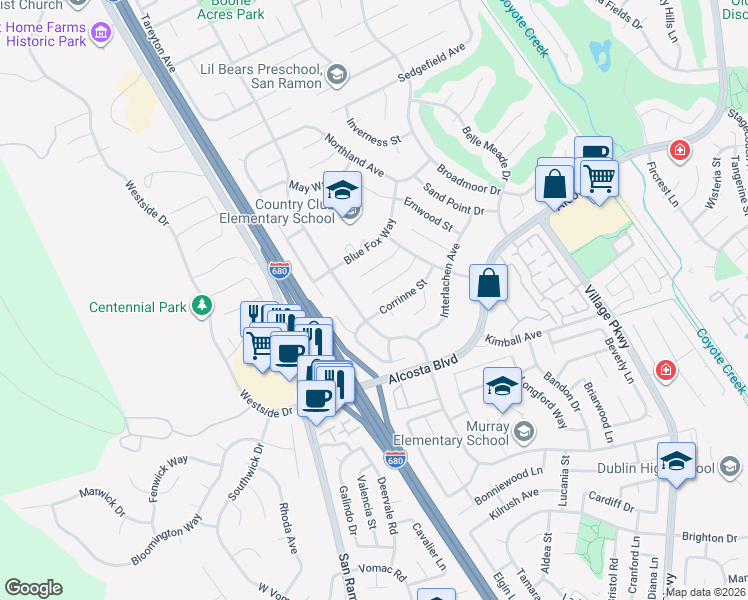 map of restaurants, bars, coffee shops, grocery stores, and more near 183 Madelia Place in San Ramon