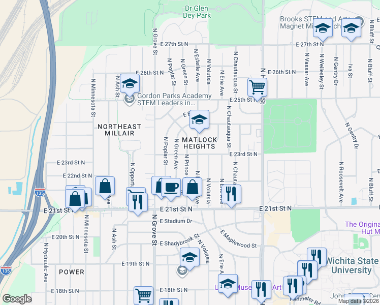 map of restaurants, bars, coffee shops, grocery stores, and more near 2402 North Prince Street in Wichita
