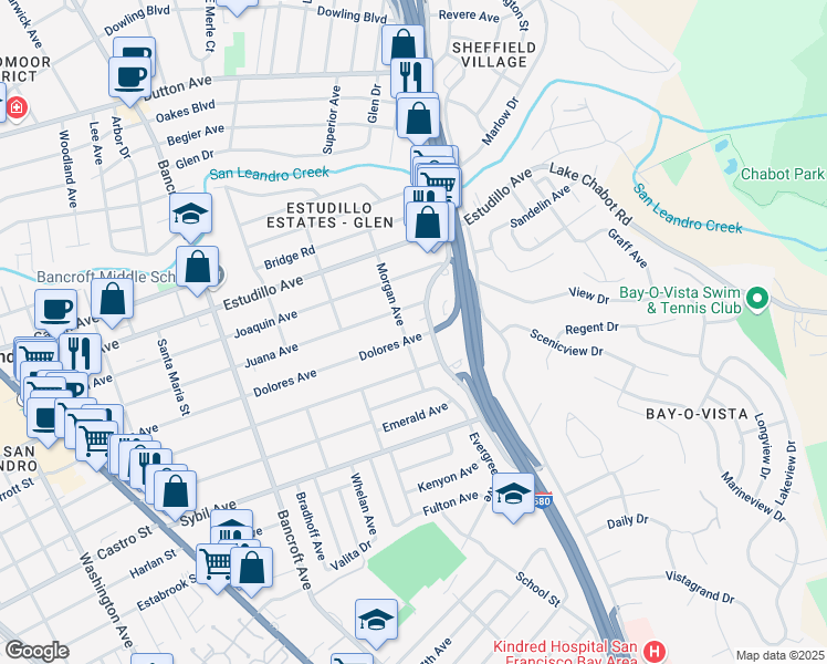 map of restaurants, bars, coffee shops, grocery stores, and more near 1599 Morgan Avenue in San Leandro