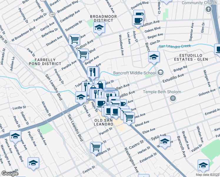 map of restaurants, bars, coffee shops, grocery stores, and more near 132 Callan Avenue in San Leandro