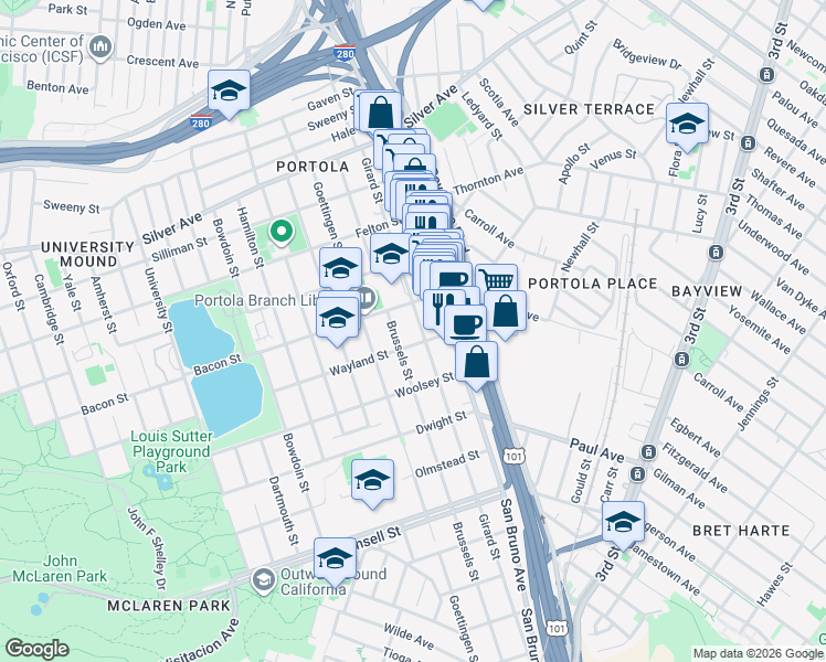map of restaurants, bars, coffee shops, grocery stores, and more near 468 Girard Street in San Francisco