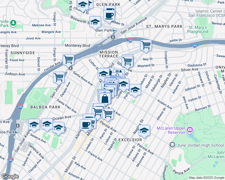 map of restaurants, bars, coffee shops, grocery stores, and more near 25 Francis Street in San Francisco