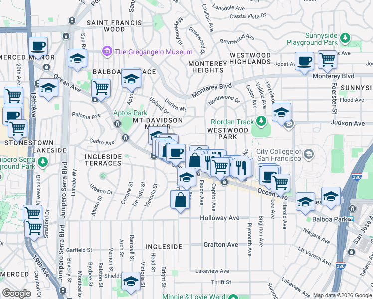 map of restaurants, bars, coffee shops, grocery stores, and more near 306 Dorado Terrace in San Francisco