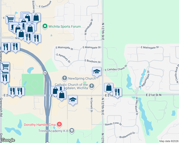 map of restaurants, bars, coffee shops, grocery stores, and more near 2406 Woodridge Circle in Wichita
