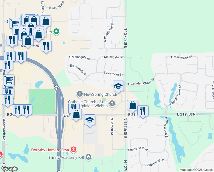 map of restaurants, bars, coffee shops, grocery stores, and more near 2406 Woodridge Circle in Wichita