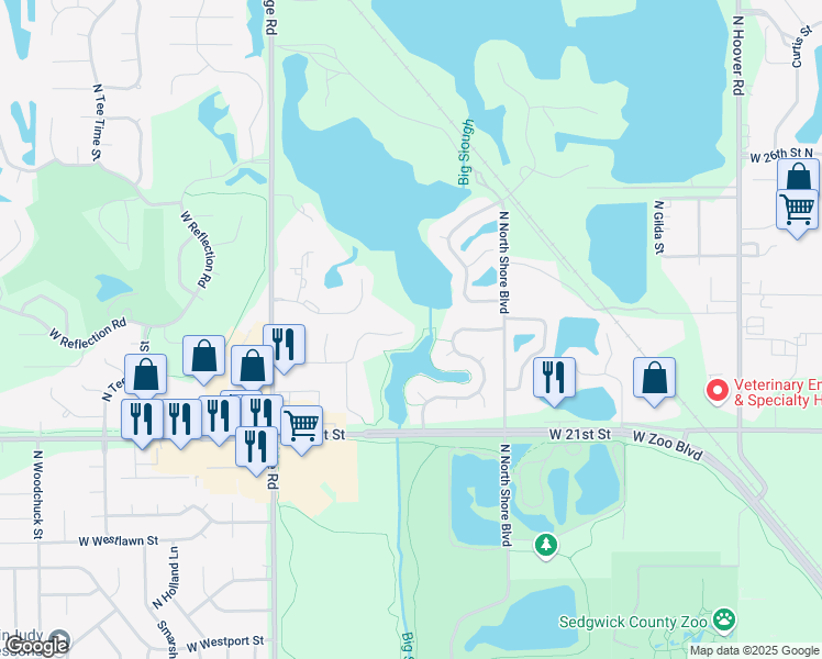 map of restaurants, bars, coffee shops, grocery stores, and more near 6701 West Garden Ridge Circle in Wichita