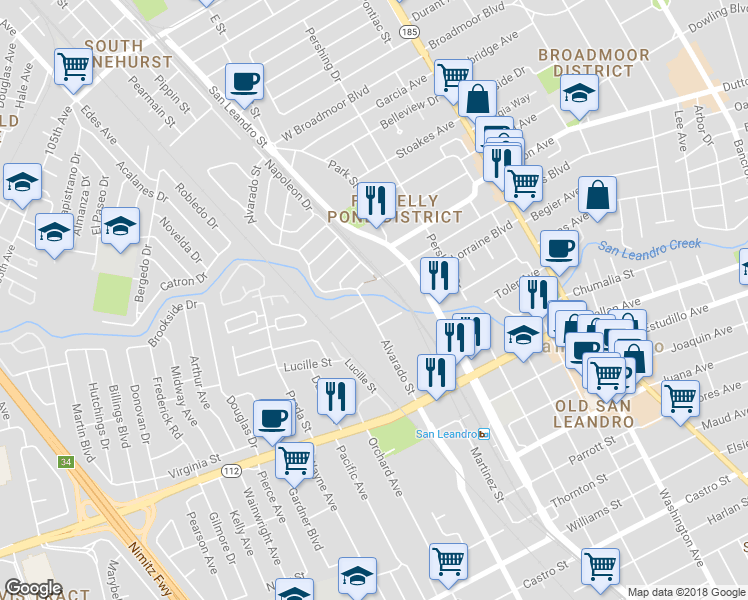 map of restaurants, bars, coffee shops, grocery stores, and more near 806 Alvarado Street in San Leandro