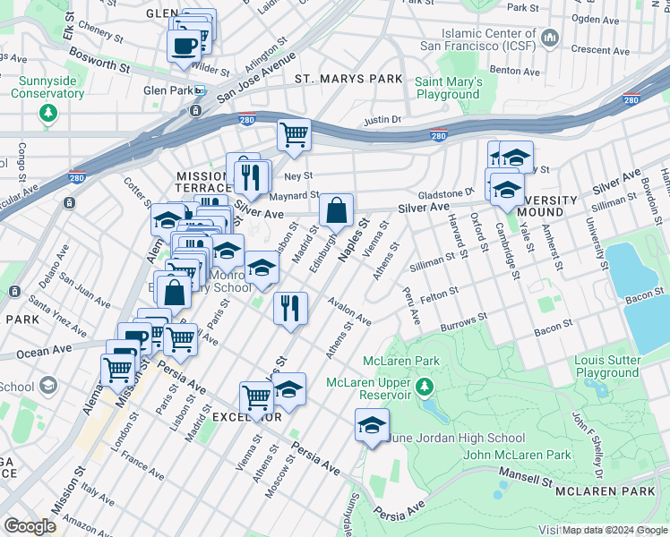 map of restaurants, bars, coffee shops, grocery stores, and more near 136 Naples Street in San Francisco