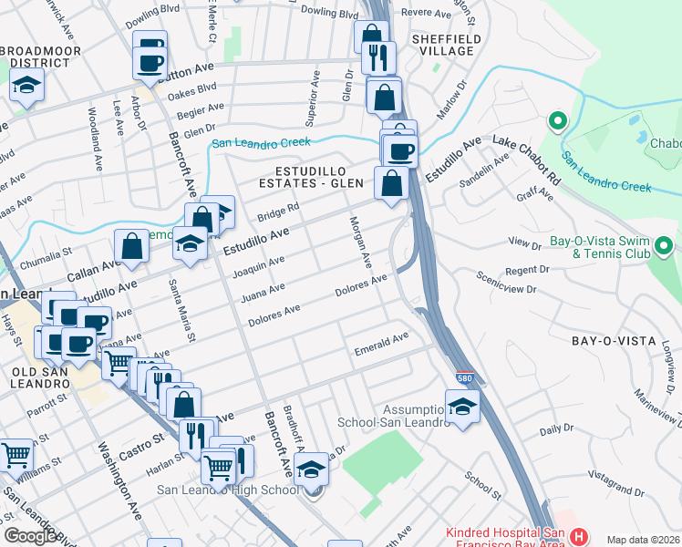 map of restaurants, bars, coffee shops, grocery stores, and more near 835 Juana Avenue in San Leandro