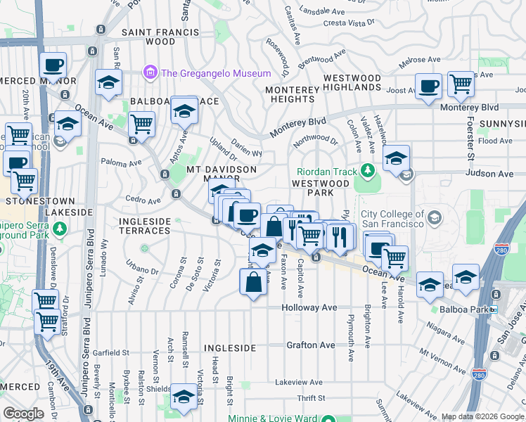 map of restaurants, bars, coffee shops, grocery stores, and more near 304-306 Dorado Terrace in San Francisco