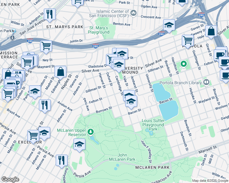 map of restaurants, bars, coffee shops, grocery stores, and more near 279 Oxford Street in San Francisco