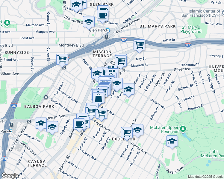 map of restaurants, bars, coffee shops, grocery stores, and more near 4475 Mission Street in San Francisco