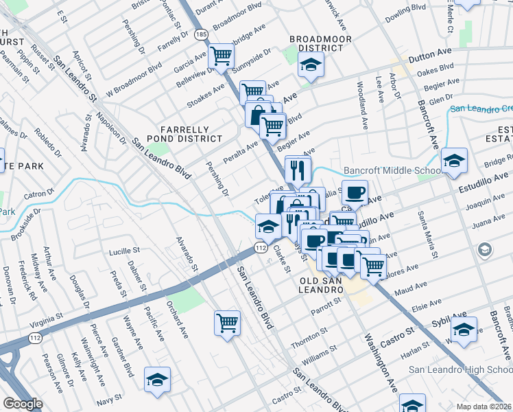 map of restaurants, bars, coffee shops, grocery stores, and more near 459 Arroyo Avenue in San Leandro