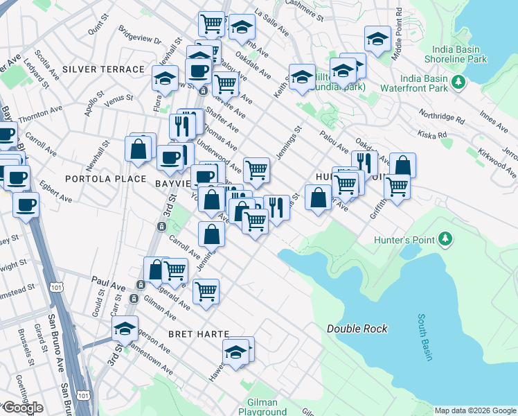 map of restaurants, bars, coffee shops, grocery stores, and more near 1355 Van Dyke Avenue in San Francisco