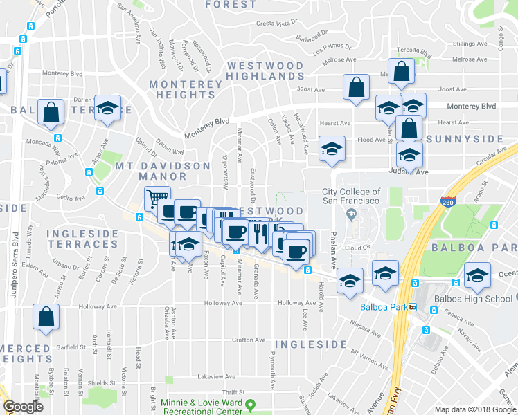 map of restaurants, bars, coffee shops, grocery stores, and more near 2 Eastwood Drive in San Francisco
