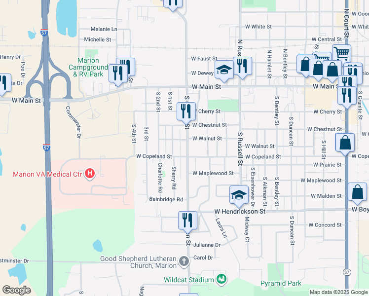 map of restaurants, bars, coffee shops, grocery stores, and more near 506 South Carbon Street in Marion