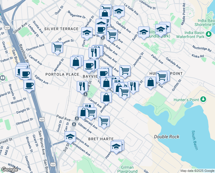 map of restaurants, bars, coffee shops, grocery stores, and more near 1550 Yosemite Avenue in San Francisco