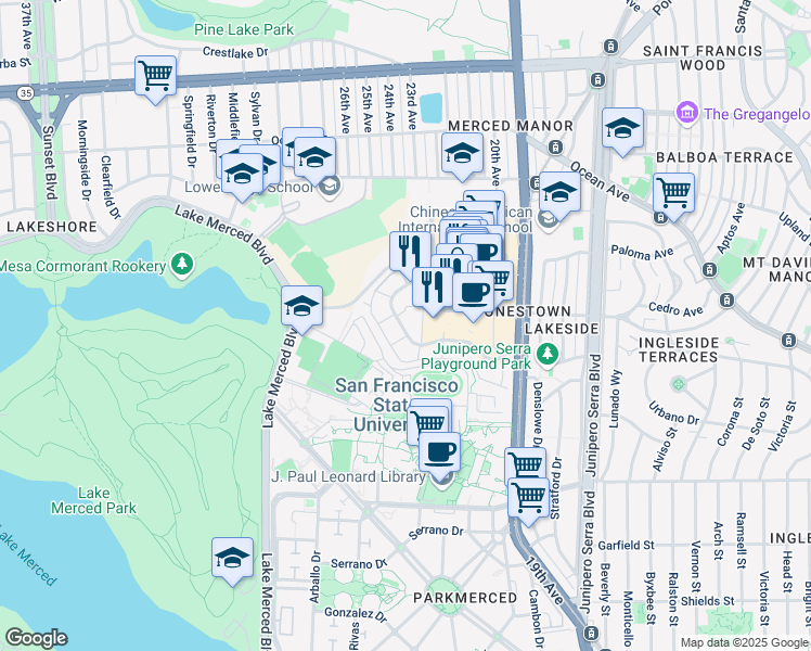 map of restaurants, bars, coffee shops, grocery stores, and more near 240 Buckingham Way in San Francisco