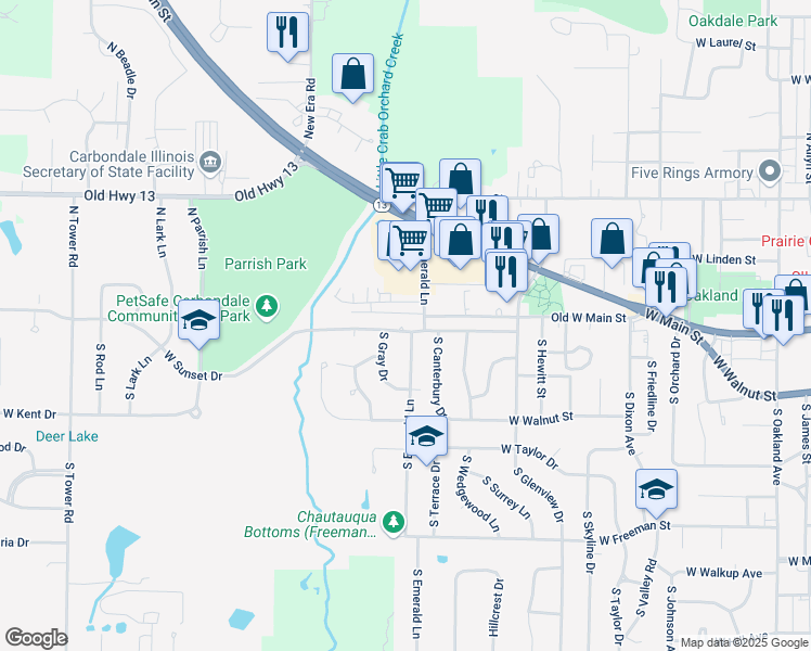 map of restaurants, bars, coffee shops, grocery stores, and more near 2002 West Sunset Drive in Carbondale